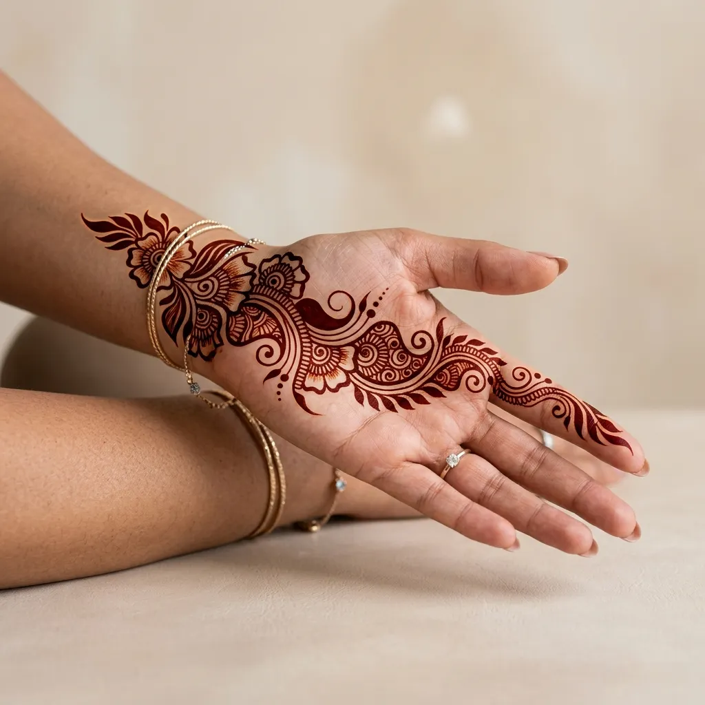 Arabic flowing vine and floral mehendi design shown in AR preview