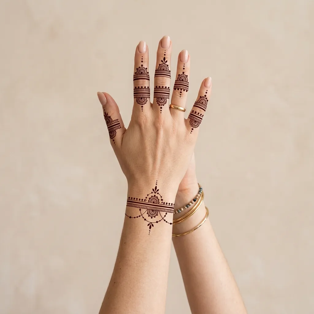 Minimal finger and wrist mehendi with mandala rings shown in AR preview