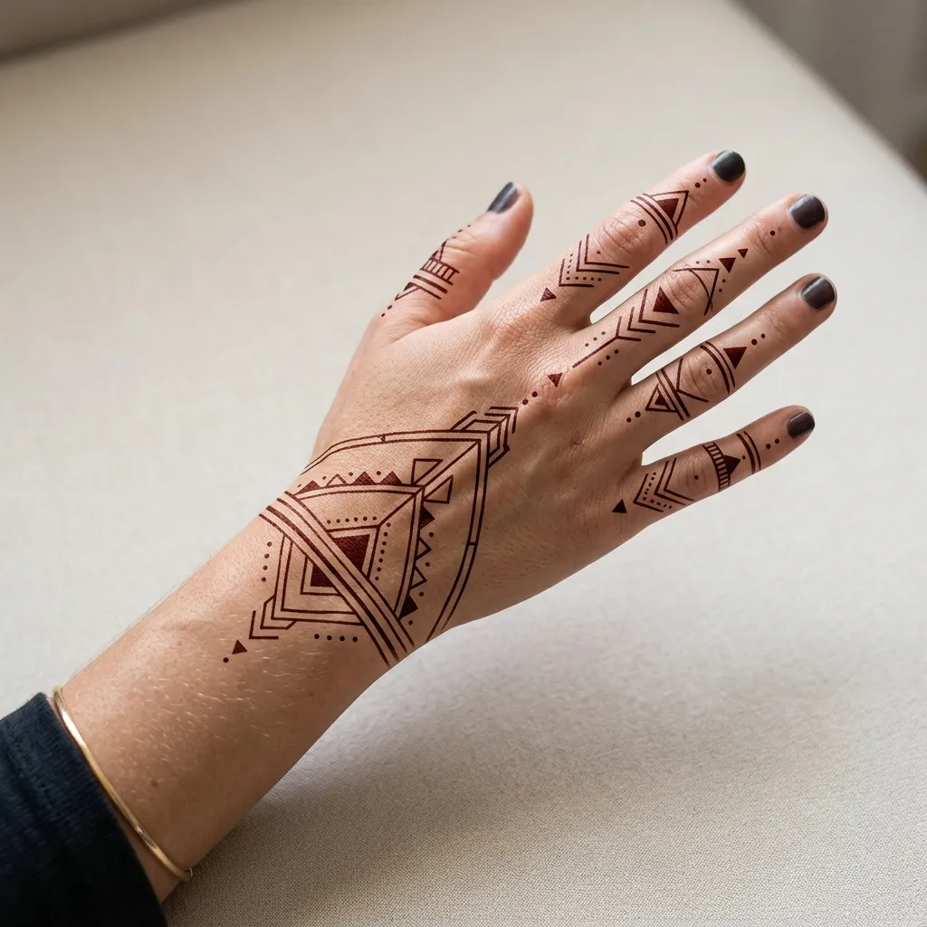 Modern geometric mehendi with clean lines and triangles shown in AR preview
